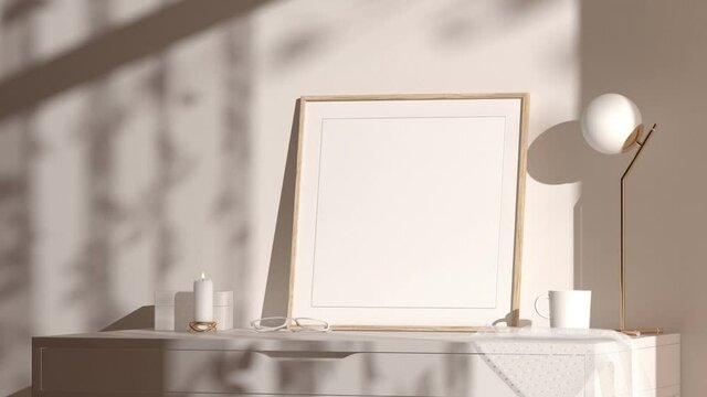 Blank wood square frame mockup interior background, looped motion