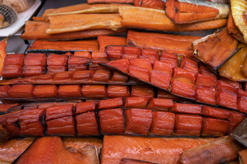 Various smoked fish products. Healthy eating and fish market concept