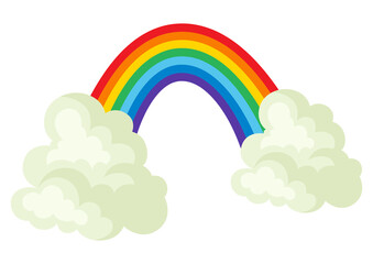 Illustration of clouds and rainbow in sky.