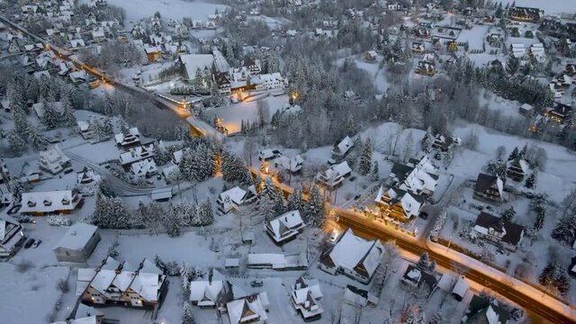 Panoramic View at Zakopane and Giewont Mount in Cold Winter Morning. Drone Aerial View at City in Snow