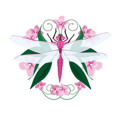 Vector illustration with dragonfly and flowers isolated on a white background..
