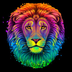 Lion. Abstract, multi-colored, neon portrait of a lion's head on a on a black background with splashes of watercolor in pop-art style. Digital vector graphics.