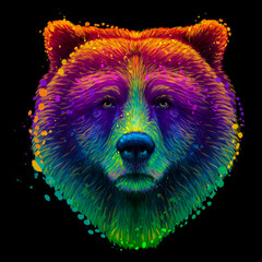 Bear. Abstract, neon portrait of a bear's head in pop art style with splashes of watercolor on a black background. Digital vector graphics.