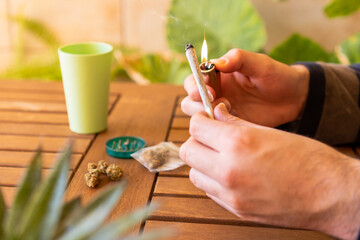 Man lighting cannabis joint on a table with marijuana buds and plants, copy space left.