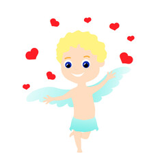 A golden-haired curly Cupid with wings throws up a lot of red hearts. Cartoon flat style character. Valentine's day stock vector illustration isolated on white background.