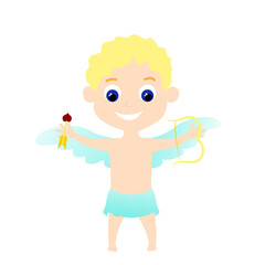 The golden-haired curly Cupid with wings and blue eyes spread his arms wide. The cherub holds a bow and arrow. Cartoon flat character. 