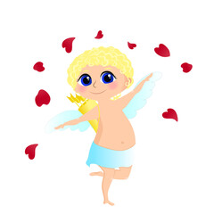 A curly Cupid with golden hair scatters scarlet rose petals stylized as hearts. An angel whirls or dances with arms and wings apart. Cartoon character for Valentine isolated on a white background.