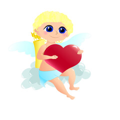 Golden-haired Cupid sits on a cloud and holds his heart in his arms. Cartoon illustration for Valentine's Day design. 