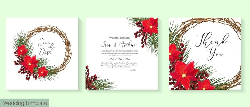 Vector template for wedding or Christmas party invitation. New Year's design. Wooden wreath, spruce branches, poinsettia flowers, red berries.