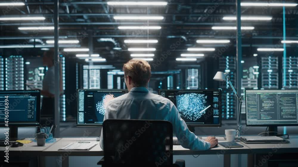 Poster High-Tech Data Center Server Control: IT Specialist Administrator Working on Computer, Screen Showing Advancing Big Data AI Analysis. Web Services, Cloud Computing, Analytics Facility, Cyber Security