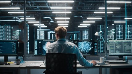 High-Tech Data Center Server Control: IT Specialist Administrator Working on Computer, Screen Showing Advancing Big Data AI Analysis. Web Services, Cloud Computing, Analytics Facility, Cyber Security - Powered by Adobe