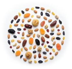 Mix of dried fruits and nuts - symbols of judaic holiday Tu Bishvat.Round leather fruit background
