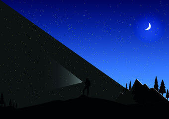 Moon stars and seeker of adventures with flashlight. night, trees and mountain.Eps 10. vector illustration good for wallpaper and background,design in dark colours with blue and white