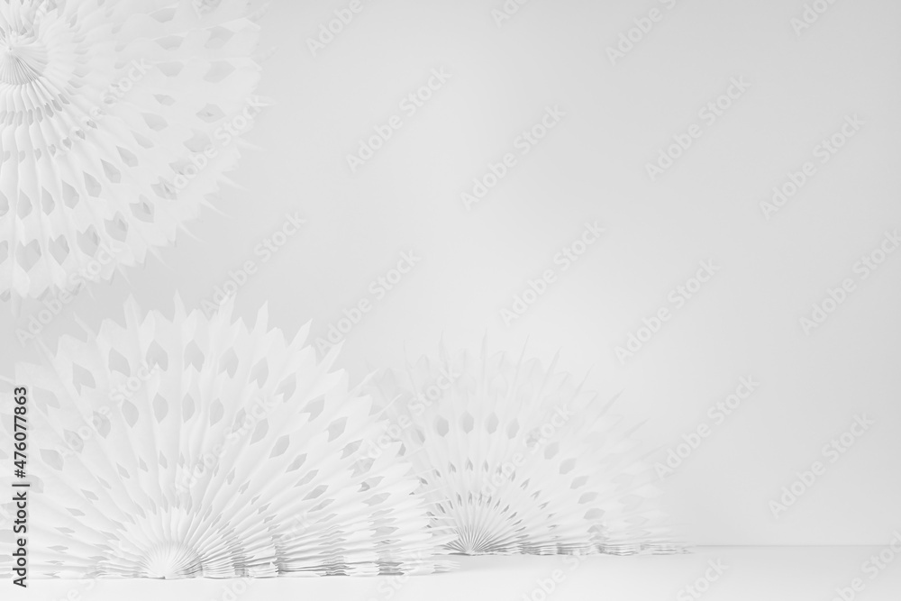 Poster bright soft light white abstract background with circle ribbed carved decorations in minimal geometr