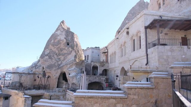 Cappadocia hotels carved from stone rock.