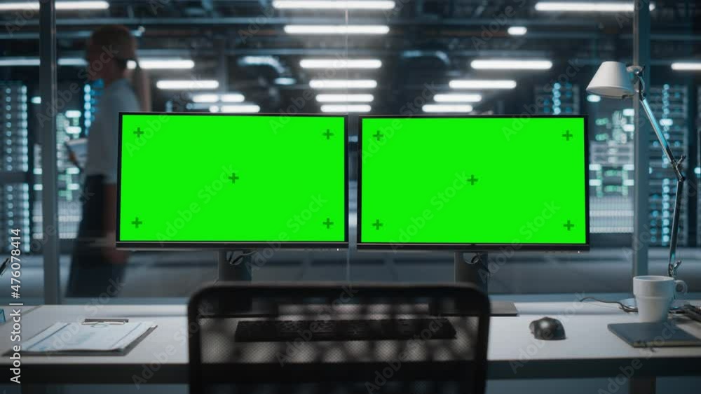 Aufkleber High-Tech Data Center Server with Two Green Screen Chroma Key Display Showing on Personal Computer Standing on a Desk. Concept of Modern Monitoring Web Services, Cloud Computing, Cyber Security