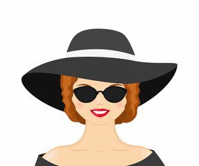 Young woman in elegant hat and sunglasses. Cartoon flat style. Vector illustration