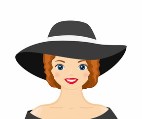 Young woman in elegant hat. Cartoon flat style. Vector illustration