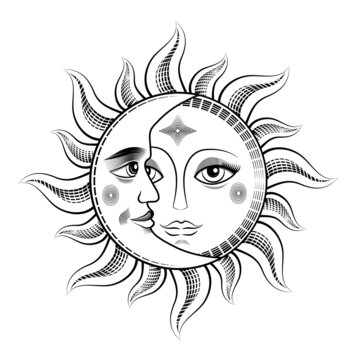 Moon and sun astrology symbol. Face of the sun with opened eyes engraving retro, tatoo vector