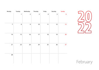 Calendar for February 2022 in modern design, planner template.