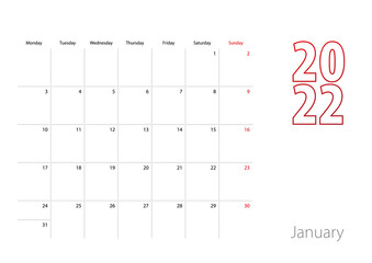 Calendar for January 2022 in modern design, planner template.