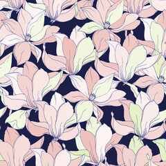 Large pink magnolia flowers on a blue background, seamless floral pattern for fabric and paper
