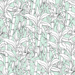 Plakat Bamboo seamless pattern, ink-drawn bamboo on a green background. Vector illustration, asia, east.
