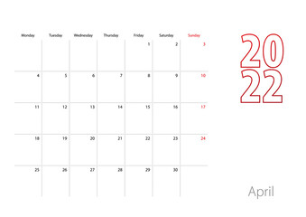 Calendar for April 2022 in modern design, planner template.