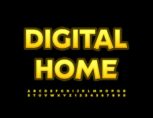 Vector techno emblem Digital Home. Futuristic bright Font. Textured Yellow Alphabet Letters and Numbers set