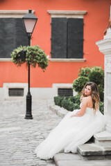 Fototapeta premium Beautiful luxury bride in elegant white dress