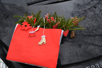 tree with Christmas toys on the soot, gift bag, red bag, christmas, toys, new year, car, detailed photo, ideas for a photo