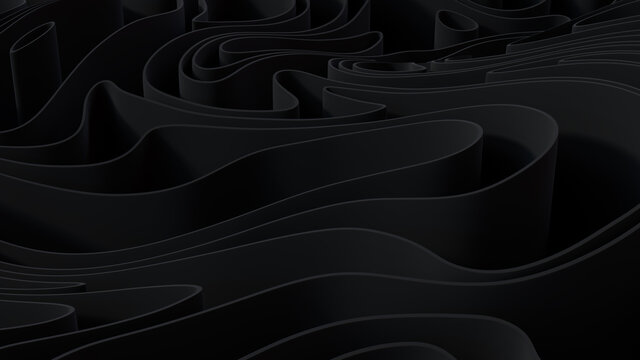 Abstract wallpaper formed from Black 3D Ribbons. Dark 3D Render.  