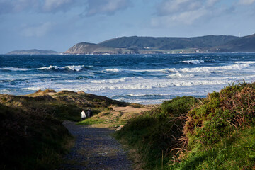 Obraz premium Hiking in Rostro beach in Finisterre, Galicia, Spain. This wild beach and one of the surfer's paradises in the region of Costa da Morte