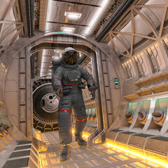 astronaut is discovering something and pointing to the flor inside of the space ship hallway