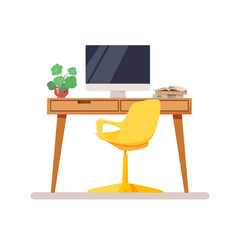 Workplace. A place to work, study, read books. Table, swivel chair, computer, books, houseplant. Vector illustration in a flat style.