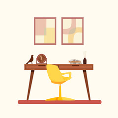 A place to work, read books, think and study.  A swivel chair, a work table, a stack of books, incense, a clock, and a bird figure.  Pictures hang over the table.  Vector illustration in a flat style.