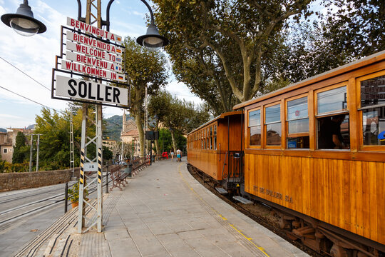 Ancient train Tren de Soller public transport transit transportation at Soller railway station on Mallorca in Spain