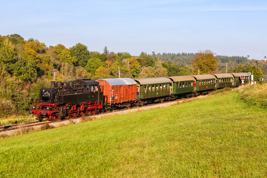 Steam train locomotice railway engine of Strohg&auml;ubahn in Weissach, Germany