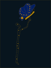  A human and a butterfly. Fairytale illustration. A human has a large butterfly in his arms. Vector outline illustration. Blue and golden colors.