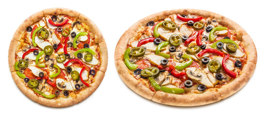 Delicious pizza with mushrooms, mozzarella, peppers, tomatoes and olives, isolated on white...