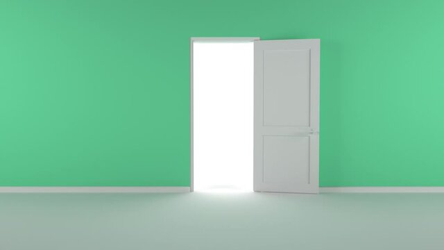 Door opens and a bright light flooding a dark room. Can be used as a concept of new innovations, future and hope, new beginning or a win of a fight for freedom. green walls