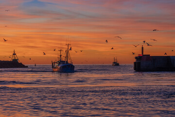 Beautiful sunset at Hirtshals harbor, Denmark.