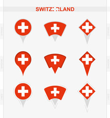 Switzerland flag, set of location pin icons of Switzerland flag.