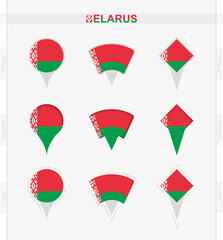 Belarus flag, set of location pin icons of Belarus flag.