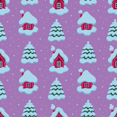 seamless Christmas pattern with houses and fir trees. winter pattern on a purple background. snow-covered houses. snowy tree branches. vector background. cute beautiful houses with snow-covered roofs.