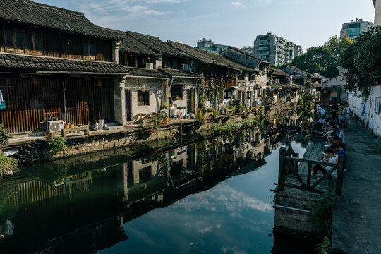 water city Shaoxing wupeng boat and landmark buildings