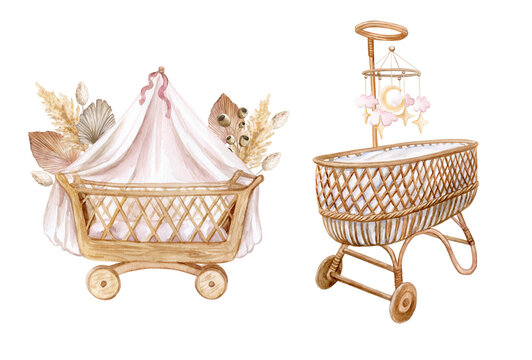 Bassinet, Crib For Newborns, Cradle. Boho. Watercolor Illustration. Childhood. Motherhood. Baby Shower.