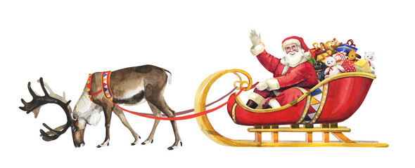 Watercolor Santa Claus in a sleigh with a reindeer and gifts