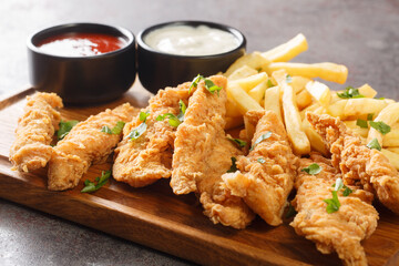 Chicken strips with ketchup, mayonnaise and french fries closeup on the wooden tray on a old concrete table. Horizontal