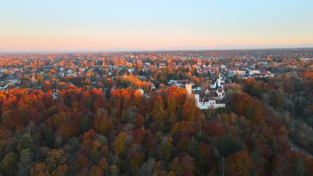 MUNICH, GERMANY - Oct 30, 2021: An aerial view of Gruenwald castle near Munich, Germany in autumn
